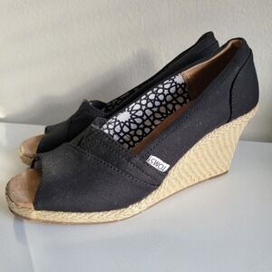 TOMS Calypso Canvas‎ Peep Toe Wedge Pump Espadrille Shoes Women's Size 9 Black
